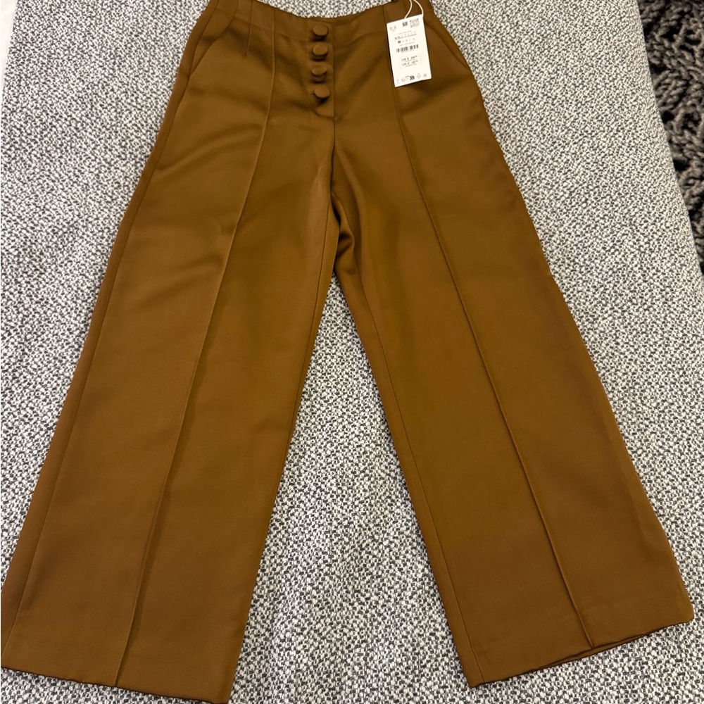 ZARA Creased Satin Wide-Leg Trousers with Button Front Size XS - Picture 3 of 10